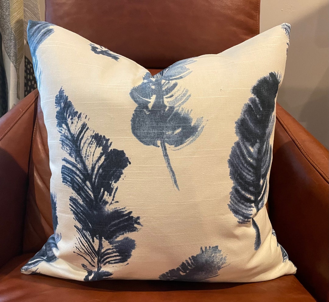 Blue and Ivory Feather Pillow Cover / Designer Genevieve Etsy