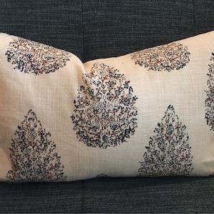 Brown, Indigo Blue and Ivory Tree Medallion Block Print Pillow Cover / Designer Duralee Kedara / Custom Handmade Home Decor Accent Pillows