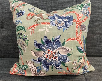 Green, Blue, Orange and Ivory Animal Floral Pillow Cover / Designer Williamsburg Braganza Fabric