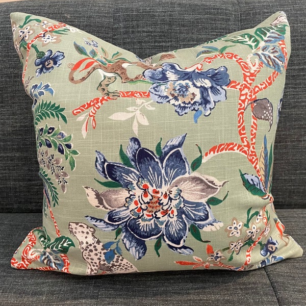 Green, Blue, Orange and Ivory Animal Floral Pillow Cover / Designer Williamsburg Braganza Fabric