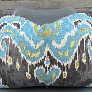 Aqua Blue, Ivory, and Grey Medallion Pillow Cover  / Designer Fabric / FIts 18 x 26 / Fabric Both Sides / Handmade Home Decor Accent Pillows