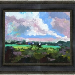 K&ouml;nnte beinhalten: Ein Gem&auml;lde einer Landschaft mit blauem Himmel, wei&szlig;en Wolken und gr&uuml;nen Feldern. Das Gem&auml;lde ist in einem lockeren, impressionistischen Stil gehalten.