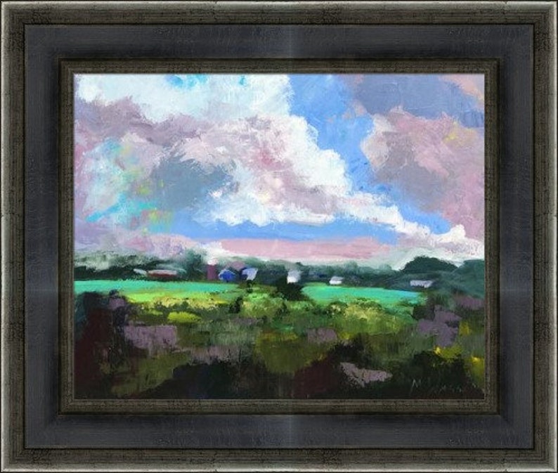 K&ouml;nnte beinhalten: Ein Gem&auml;lde einer Landschaft mit blauem Himmel, wei&szlig;en Wolken und gr&uuml;nen Feldern. Das Gem&auml;lde ist in einem lockeren, impressionistischen Stil gehalten.