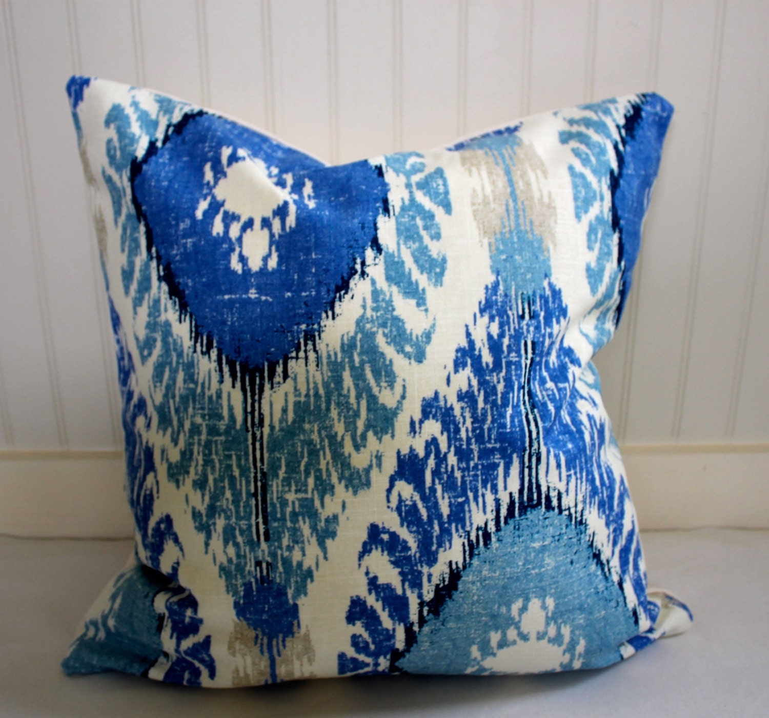 Blue and Ivory Ikat Pillow Cover / Designer Fabric with Cotton Etsy
