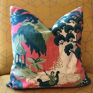 Pink, Green, White Chinoiserie Toile Pillow Covers / Asian Pagoda / Designer Robert Allen Road to Canton with Solid Back