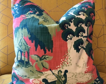 Pink, Green, White Chinoiserie Toile Pillow Covers / Asian Pagoda / Designer Robert Allen Road to Canton / Made to Order Custom PIllows