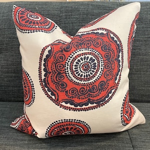 Indigo Blue, Red and Ivory Medallion Pillow Cover  / Designer Vereta Lapis Fabric / Custom Handmade Home Decor Accent Pillows