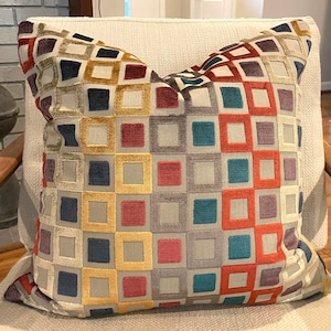 Multi Color Geometric Cut Velvet Pillow Covers / Designer Baker Lifestyles Fabric with Solid Grey Velvet Back/ Handmade Home Decor Accent