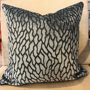 Teal and Grey Cut Velvet Pillow Cover / Texture Velvet Front with Solid Velvet Back /Romo Romita  Handmade Home Decor Accent Pillow