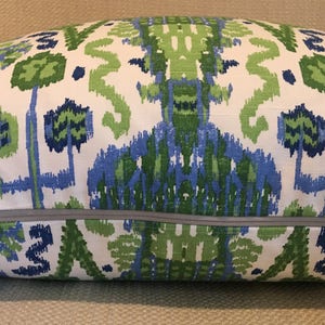 Kelly Green, Blue and Ivory Ikat Pillow Covers / Designer Fabric in Bombay Kelly / Handmade Home Decor Accent Pillows image 7