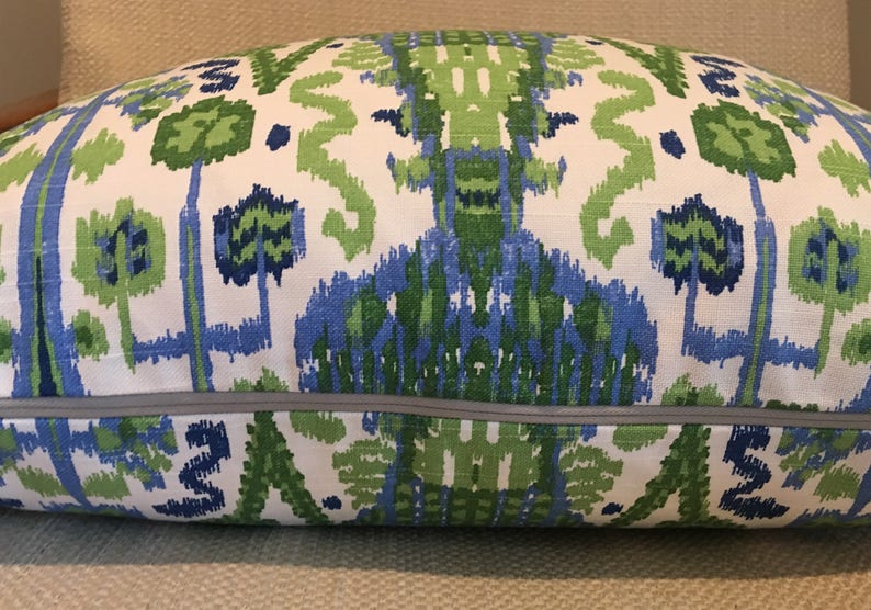 Kelly Green, Blue and Ivory Ikat Pillow Covers / Designer Fabric in Bombay Kelly / Handmade Home Decor Accent Pillows image 7