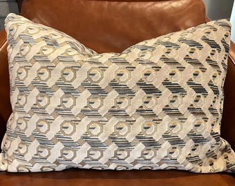 Cut Velvet Geometric Pillow Covers / Beige, Grey, Blue and Gold / Designer Hamilton Holcomb Nile Fabric / Handmade Home Decor Accent