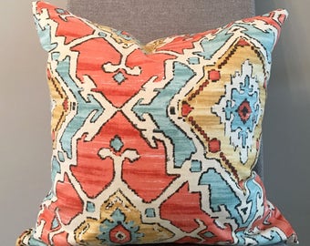 Orange, Aqua, Gold Geometric Custom Pillow Covers in Sundance Tangerine Designer Fabric / Handmade Home Decor