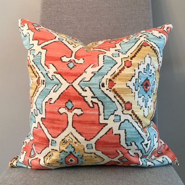 Orange, Aqua, Gold Geometric Custom Pillow Covers in Sundance Tangerine Designer Fabric / Handmade Home Decor