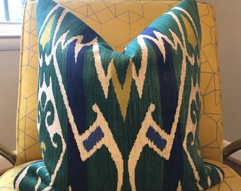 Green, Blue, Yellow and White Tribal Ikat Pillow Cover / Designer Thibaut Nomad / Custom Handmade Home Decor Accent  Pillow
