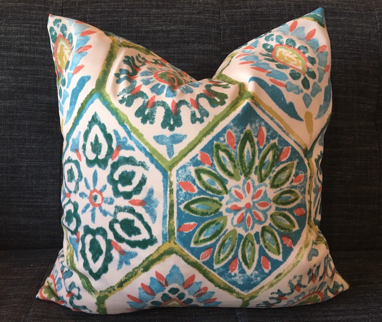 Blue Green Orange and White Medallion Pillow Cover/ Indoor Etsy