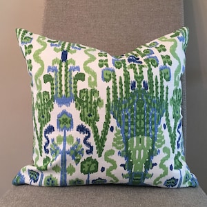 Kelly Green, Blue and Ivory Ikat Pillow Covers / Designer Fabric in Bombay Kelly / Handmade Home Decor Accent Pillows image 1