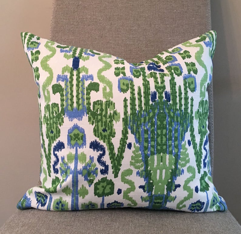 Kelly Green, Blue and Ivory Ikat Pillow Covers / Designer Fabric in Bombay Kelly / Handmade Home Decor Accent Pillows image 1