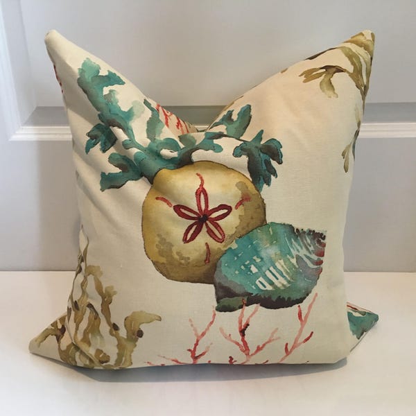 Sea life Watercolor Floral Pillow Covers / Aqua, Orange , Coral and Creme / Designer Fabric / Handmade Custom Home Decor Accent Pillows