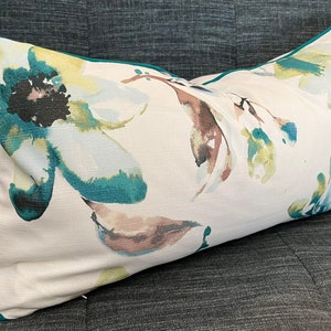 Floral Watercolor Pillow Covers / Teal, Green, Taupe, Ivory / Designer Fabric with Solid Back and Teal Cord Trim / Fits 14 x 26
