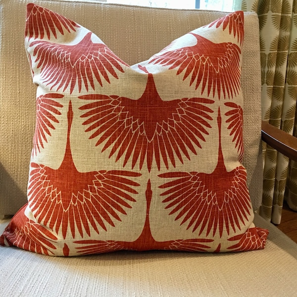 Modern Red/Orange and Oatmeal Pillow Covers / Designer Flock Linen Circa Tigerlily / Custom Handmade Home decor Accent Pillows