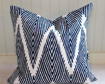 Modern Navy Blue and Ivory Chevron Custom Pillow Covers In Designer Bali Fabric / Handmade Home Decor Accent Pillows / In Stock