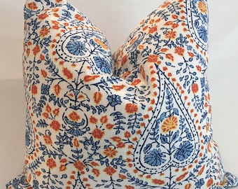 Indigo Blue, Orange  and Ivory Floral Pillow Cover  / Designer Busun 5 Blue Fabric / Custom Handmade Home Decor Accent Pillows