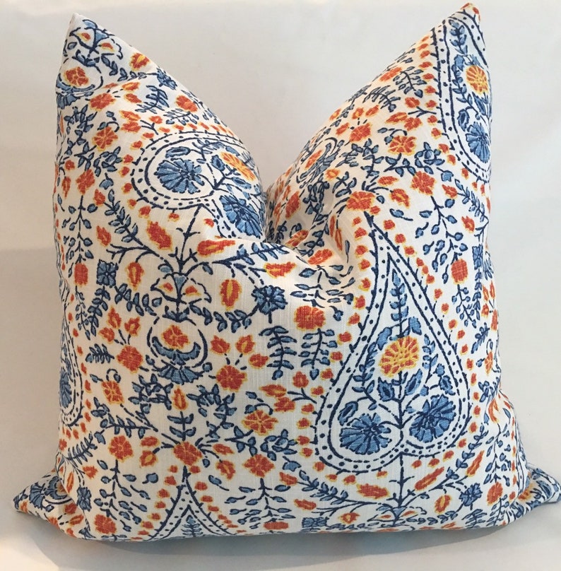 Indigo Blue Orange and Ivory Floral Pillow Cover / Designer Etsy