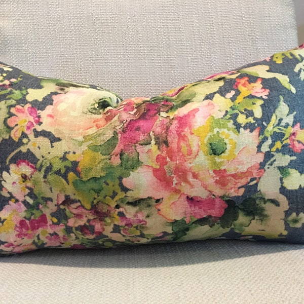 Dark Grey, Pink and Green Floral Custom Pillow Cover / Designer Covington Macbeth Linen  / Custom Handmade Home Decor Accent Pillows