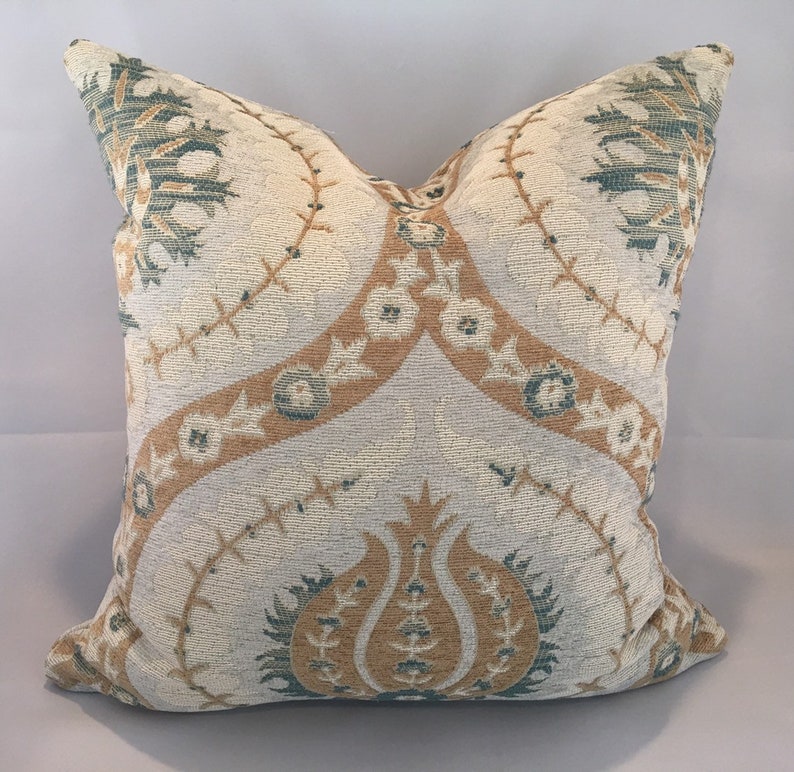 Teal and Tan Medallion Pillow Cover in Chenille Upholstery Etsy