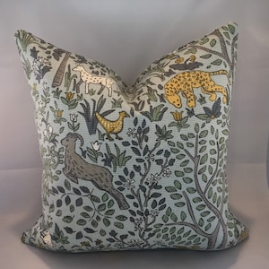 Aqua, Grey, Green and Gold Animal Pillow Cover / Designer Robert Allen Folkland Aquatint Fabric / Handmade Home Decor Accent Pillows