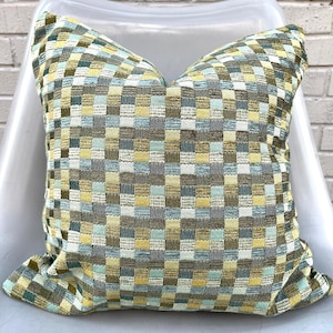 Grey, Blue, Green Geometric Pillow Cover / Designer Chenille Fabric / Handmade Home Decor Accent Pillows / Fabric Both SIdes