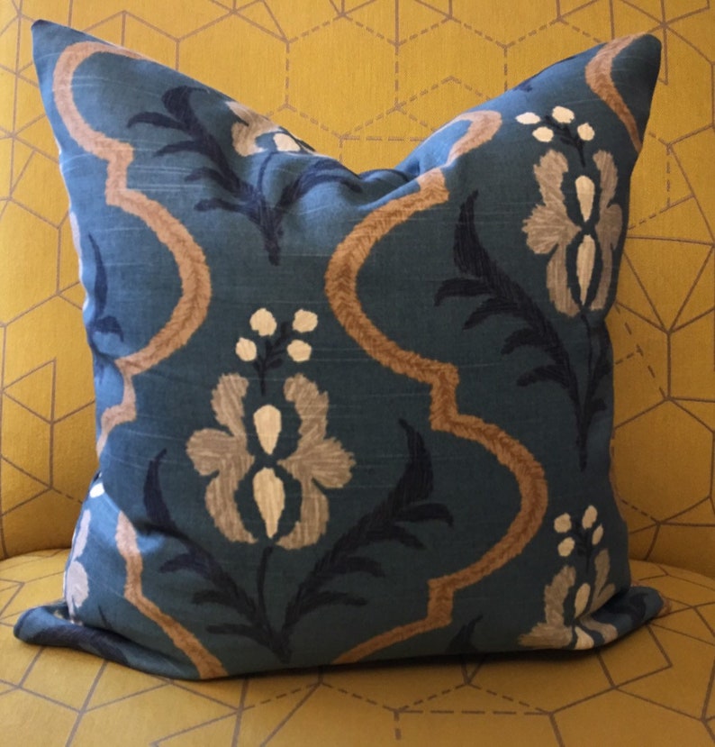 Blue Brown and Ivory Damask Pillow Covers / Designer Robert Etsy