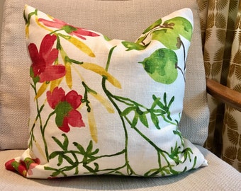 Red, Yellow. Green and Ivory Floral Pillow Covers / Designer Linen Fabric  / Handmade Home Decor Accent Pillows / In Stock