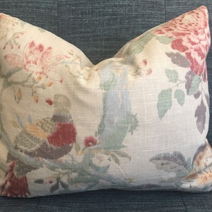 Beige, Blue, Green, Red and Yellow Floral Bird Pillow Cover / Arielle Woodland Designer fabric / Handmade Home Decor Accent  / In Stock