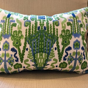 Kelly Green, Blue and Ivory Ikat Pillow Covers / Designer Fabric in Bombay Kelly / Handmade Home Decor Accent Pillows image 3