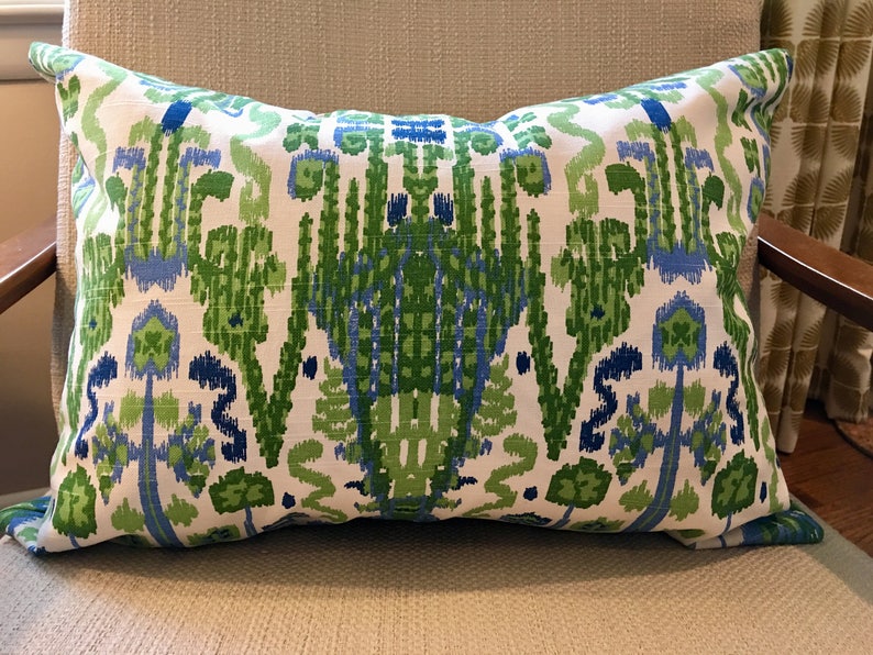 Kelly Green, Blue and Ivory Ikat Pillow Covers / Designer Fabric in Bombay Kelly / Handmade Home Decor Accent Pillows image 3