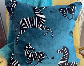 Teal, Black and White Zebra Pillow Cover / Custom Chenille Velvet Pillow in Designer Farlow Teal Fabric  / Home Decor Accent