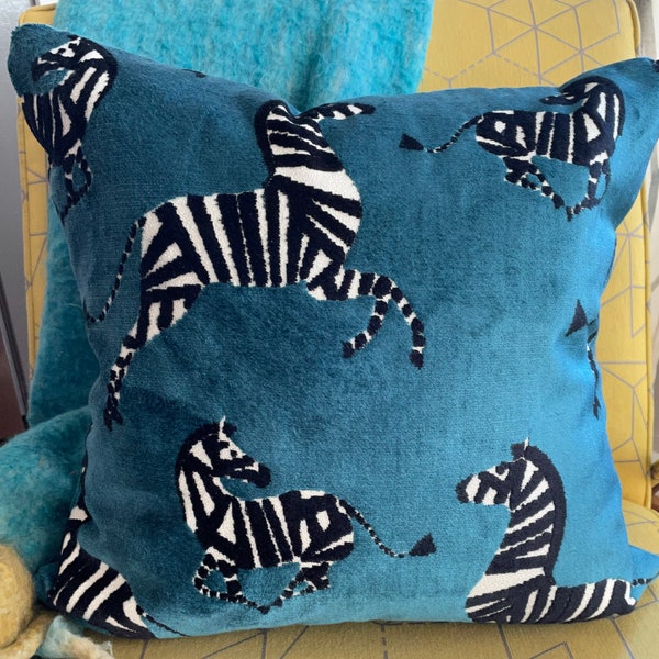 Teal, Black and White Zebra Pillow Cover / Custom Chenille Velvet Pillow in Designer Farlow Teal Fabric  / Home Decor Accent