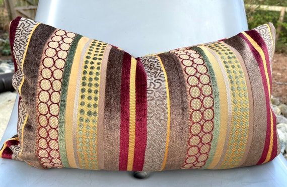 Green Cranberry Brown and Gold Stripe Geometric Pillow Cover