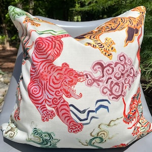 Asian Dragon Tiger Pillow Cover / Multi Color Fabric/ Designer Hamilton Himalaya Natural / Fabric Both Sides / Made to Order
