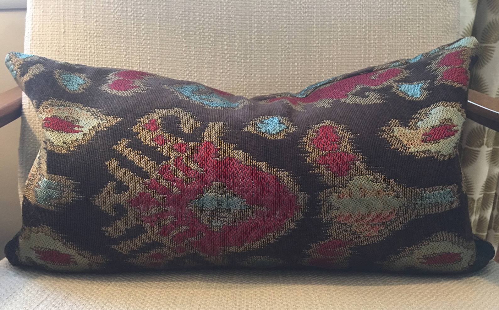 Brown Red Turquoise and Tan Ikat Pillow Cover / Designer Etsy