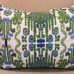 Kelly Green, Blue and Ivory Ikat Pillow Covers / Designer Fabric in Bombay Kelly / Handmade Home Decor Accent Pillows image 8