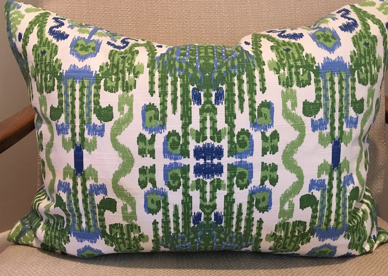 Kelly Green, Blue and Ivory Ikat Pillow Covers / Designer Fabric in Bombay Kelly / Handmade Home Decor Accent Pillows image 8