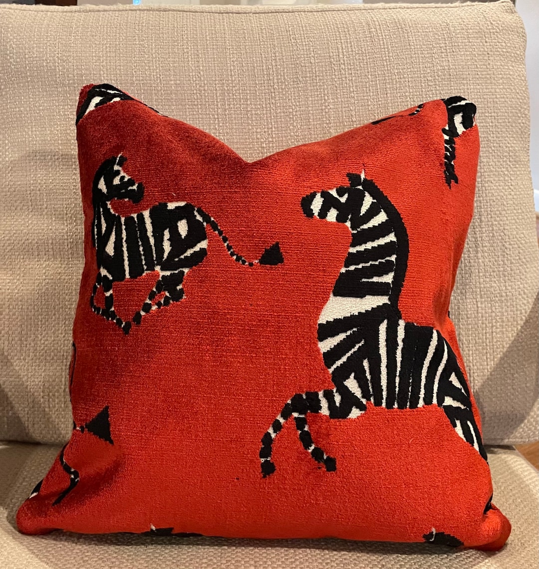 Orange/red, Black and White Zebra Pillow Cover / Custom Chenille Pillow