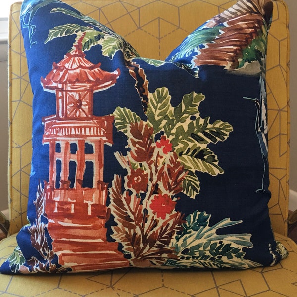 Indigo Blue, Red and Green Asian Pillow Cover / Emperor Navy Chinoiserie Fabric /  Custom Handmade Home Decor Accent Pillow