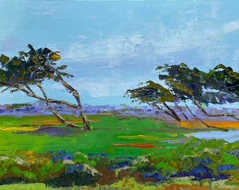 Windswept Trees / Pebble Beach / California Coast Print / Green, Purple, Orange, Blue / Fine Art Print on Matte Archival Paper