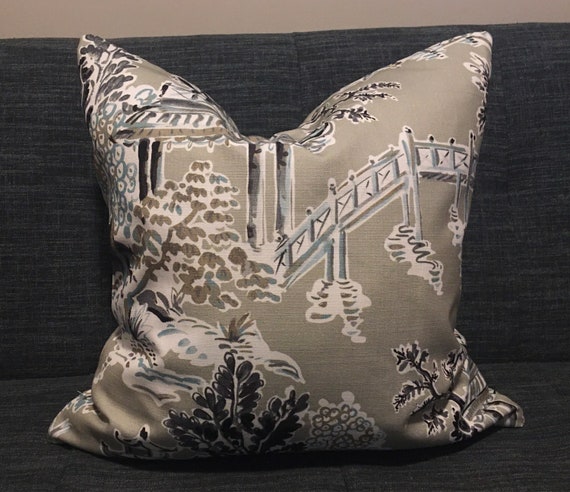Asian Pagoda Khaki Charcoal Grey Aqua and Ivory Toile Pillow Covers Designer Hamilton Ming Toile Stone Custom Accent Pillows Etsy UK