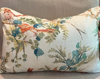 Red Orange, Blue and Green Bird Floral Pillow Covers / Designer Covington Amelia Fabric / Fabric Both Sides / Made to Order