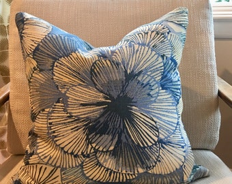 Blue, Natural and Ivory Jacquard Floral Custom Pillow Cover / Designer Suzette Jacquard River / Handmade Home Decor Accent Pillows
